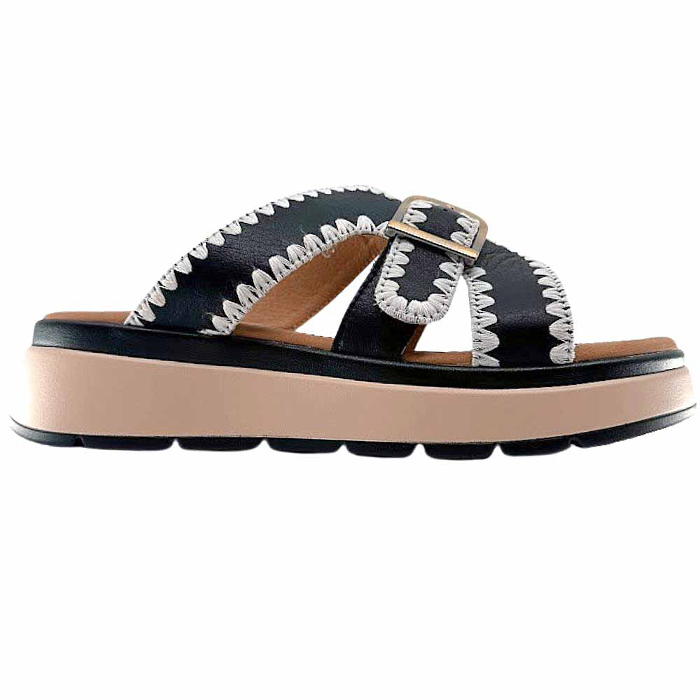 Black leather slide with white stitched edging, a bronze buckle and a brown and black platform sole, set against a white background.