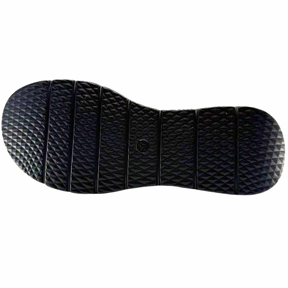 The black rubber outsole of an Alfie & Evie sandal with a tread pattern, set against a white background.