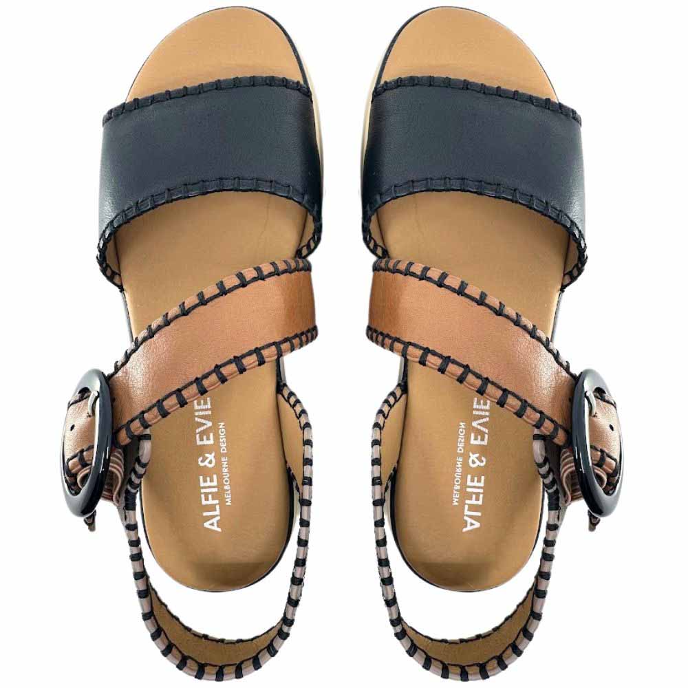 A top-down view of a pair of sandals with black, taupe and tan leather straps, stitched edged detailing and a round buckle, set against a white background.
