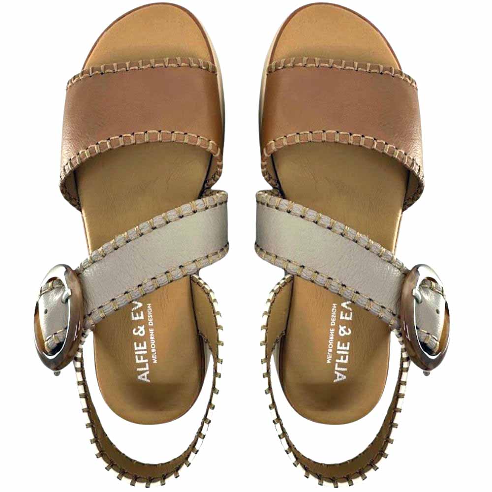 A pair of sandals with tan, taupe and cream leather straps with stitched edged detailing and a round buckle, from a top-down view against a white background.