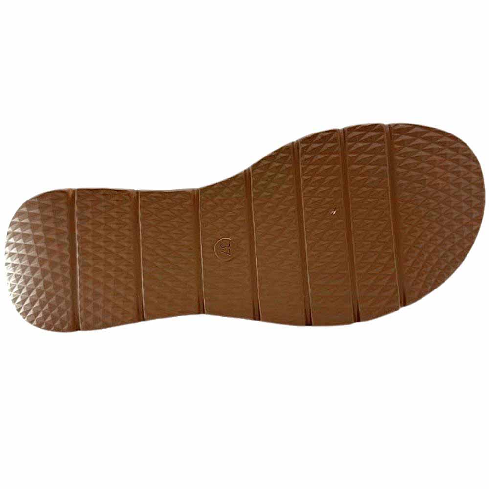 The brown rubber outsole of a women's Alfie & Evie sandal, showing a tread pattern against a white background.
