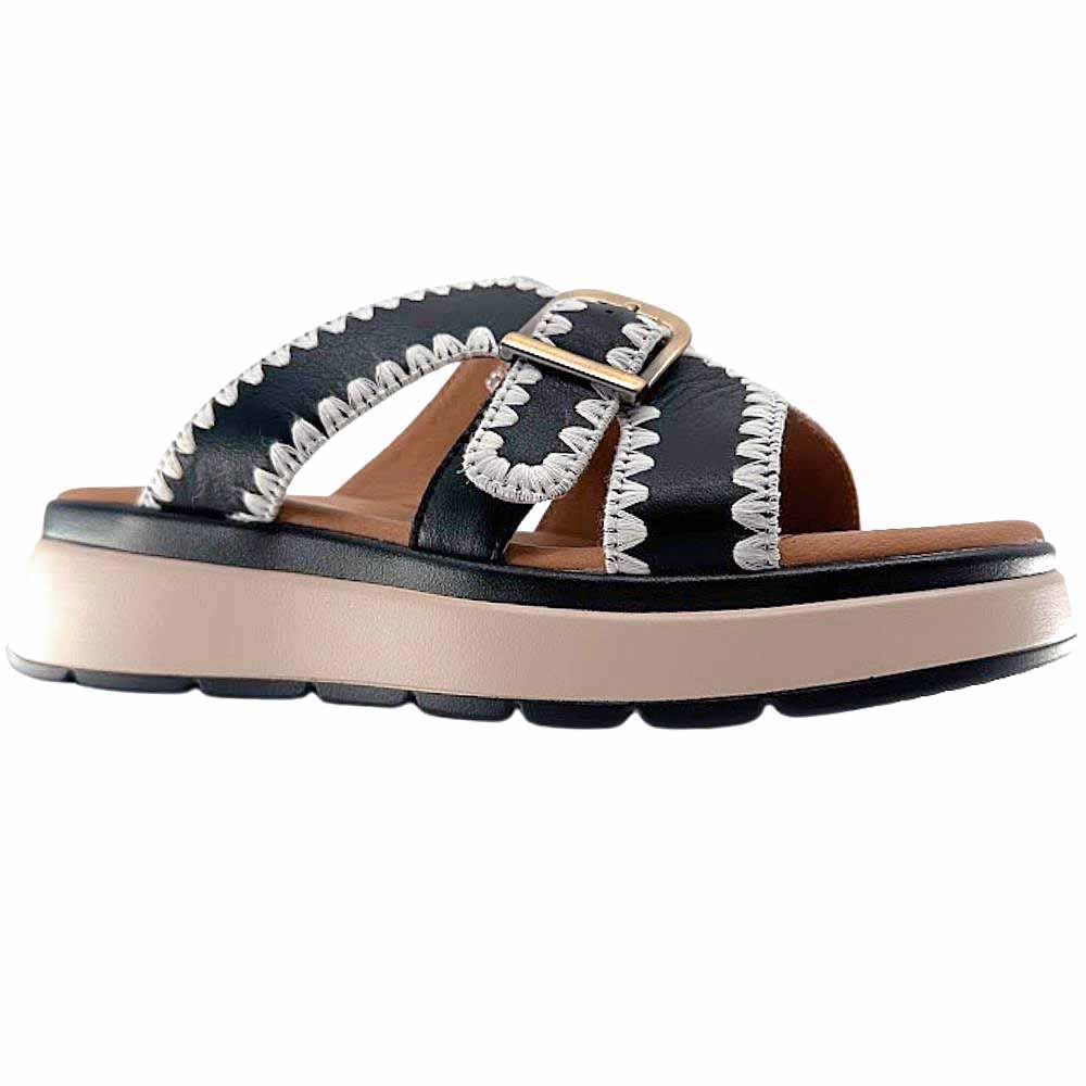 Black leather slide with white stitched edging, a bronze buckle and a brown and black platform sole, set against a white background.