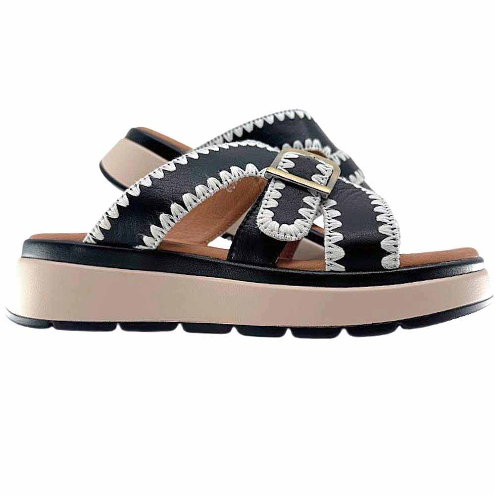 A pair of black leather slides with white stitched edging, a bronze buckle and a brown and black platform sole, set against a white background.