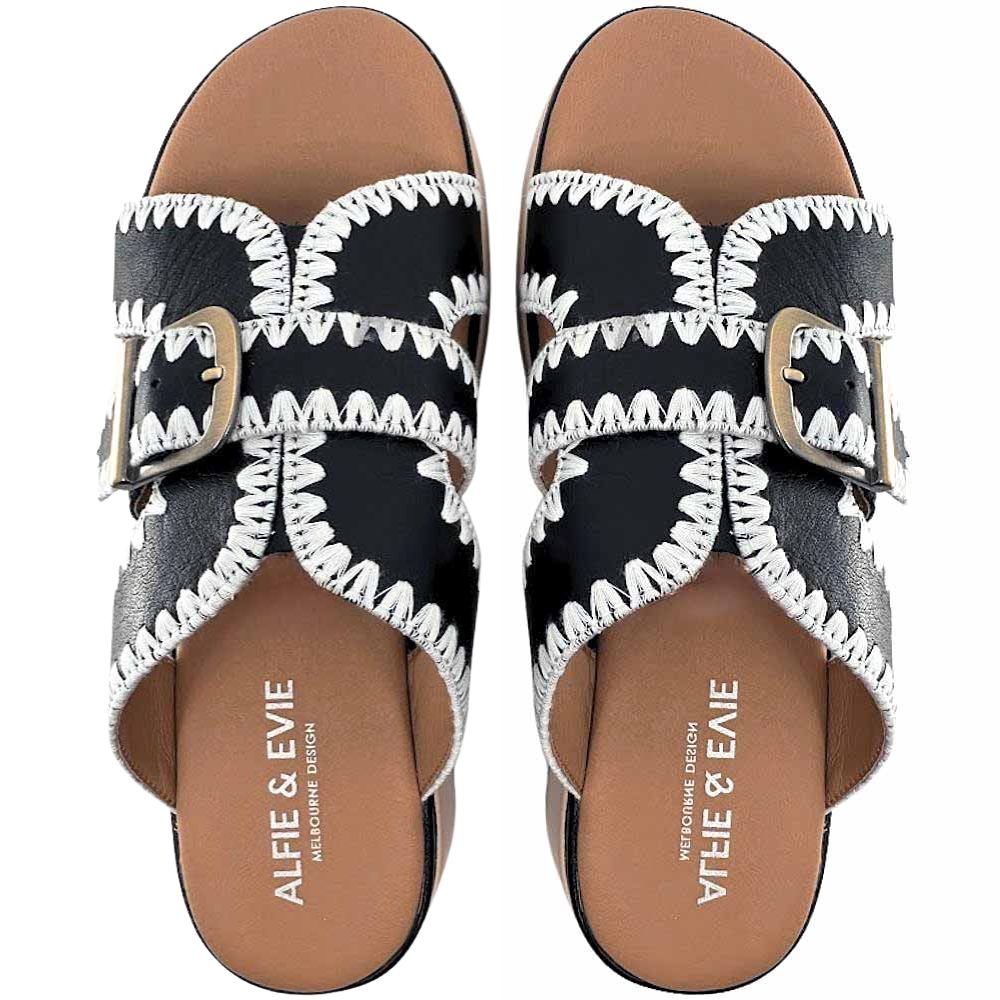 A pair of black leather slides with white stitched edging and a bronze buckle, shown from a top-down perspective against a white background.