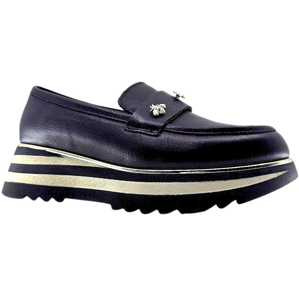 Black loafer with a gold bee emblem on a white background