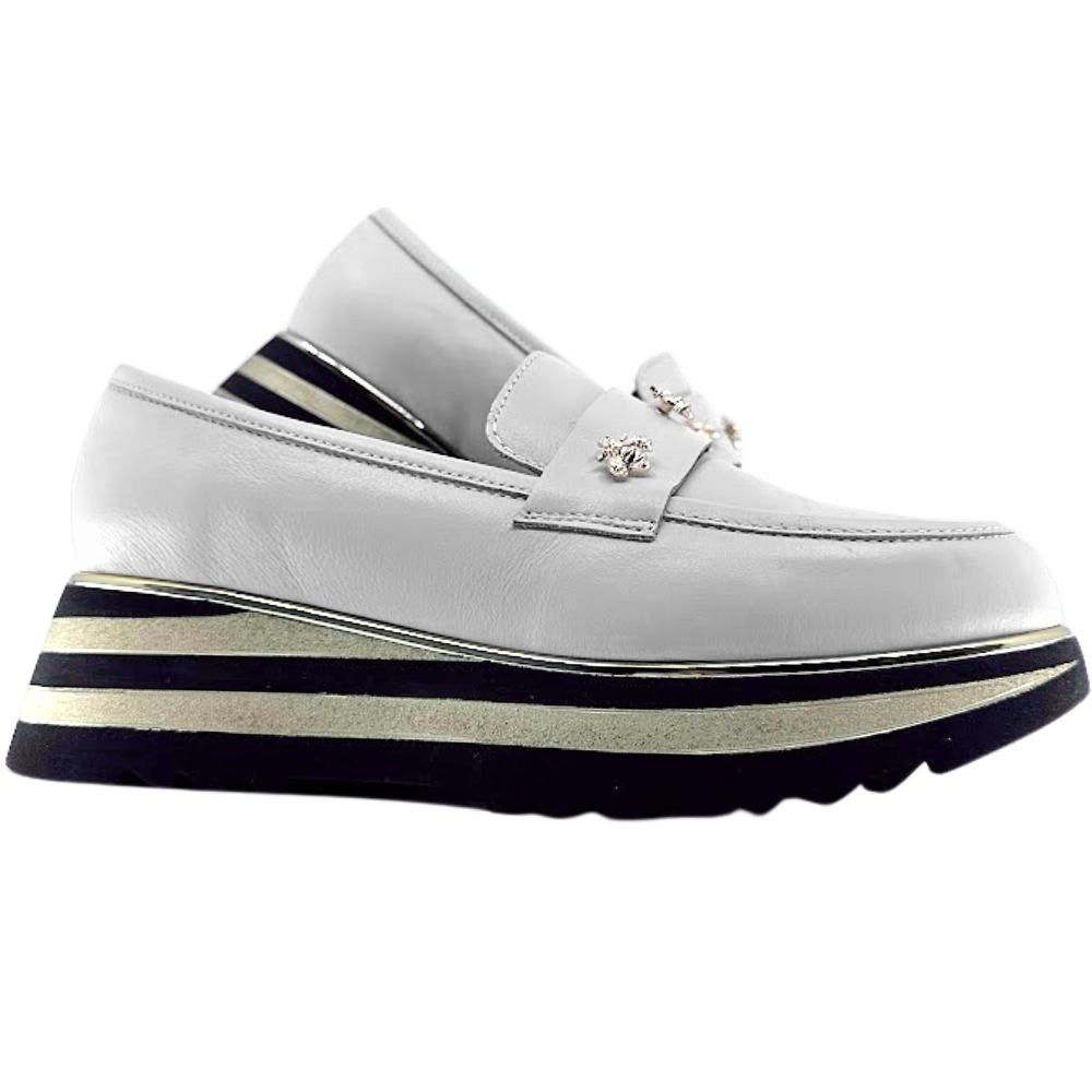 Cream loafer shoe with gold bees and striped sole on a white background