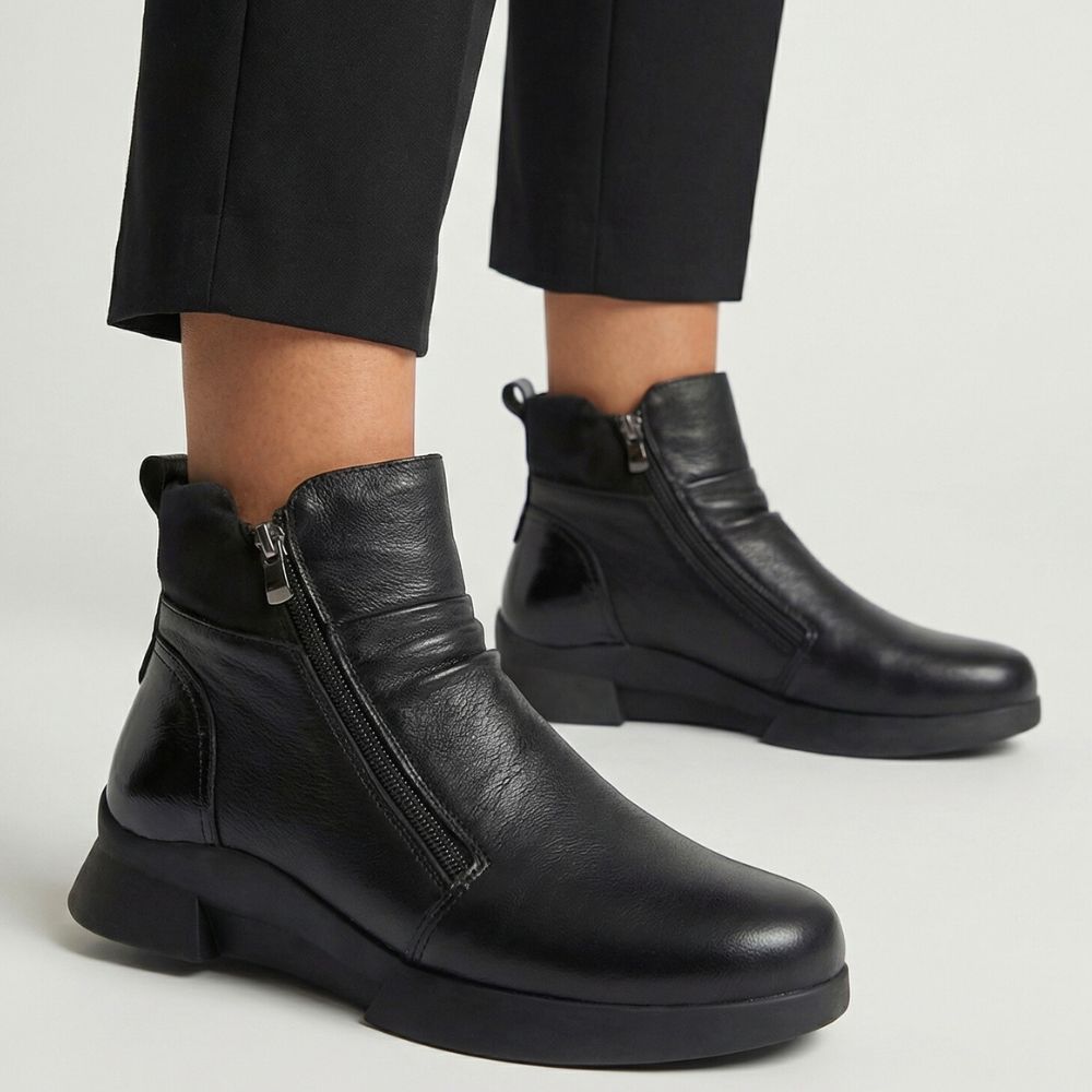 Black leather ankle boots worn with black pants on a light gray background
