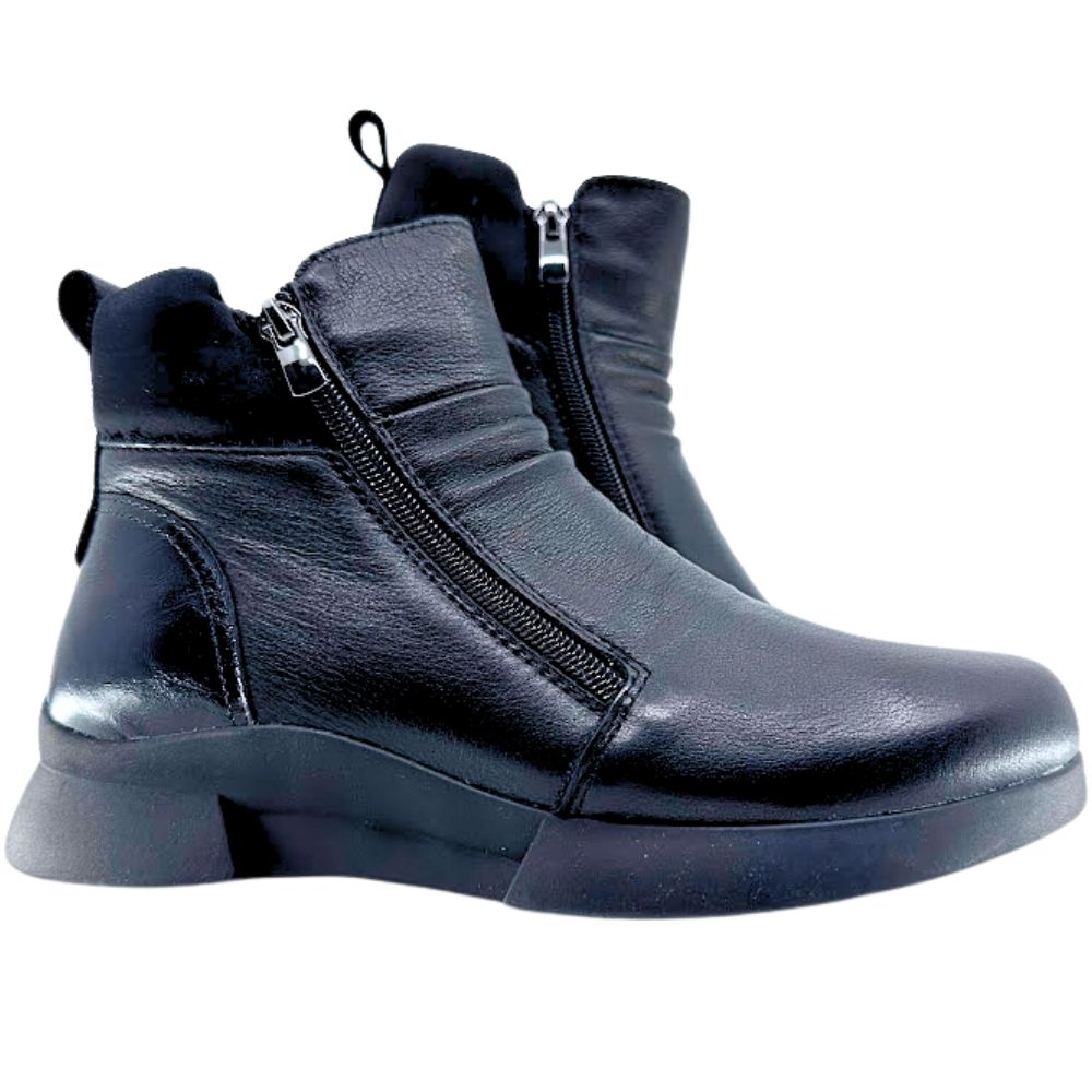 Black ankle boots with zippers on a white background