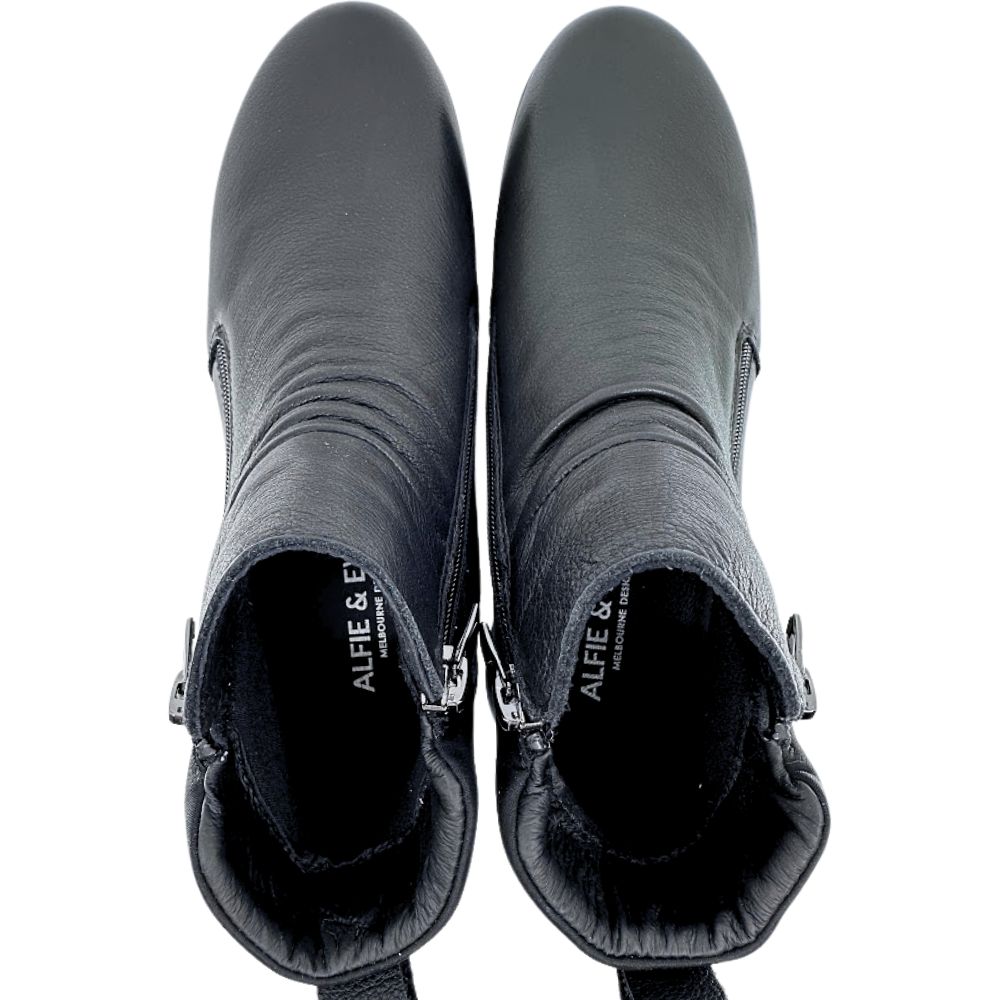 Pair of black ankle boots with zippers on a white background