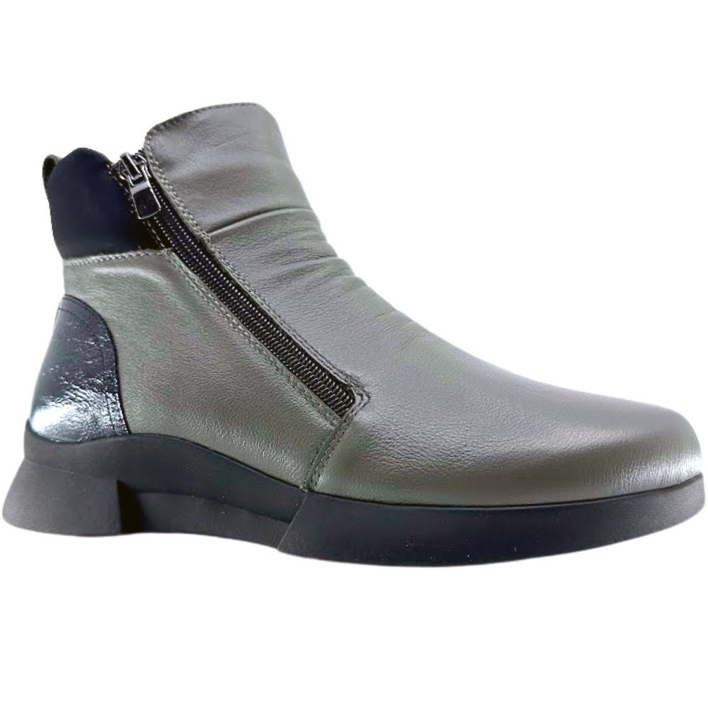 Khaki ankle boot with a zipper on a white background