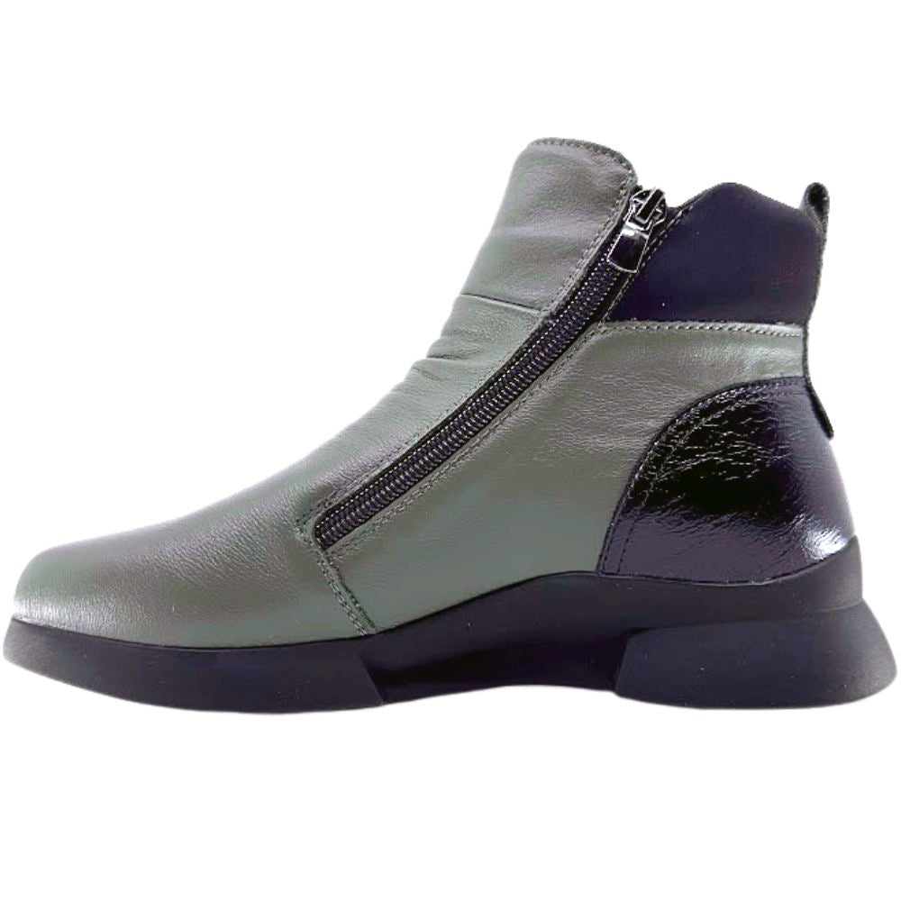 Khaki ankle boot with a zipper on a white background