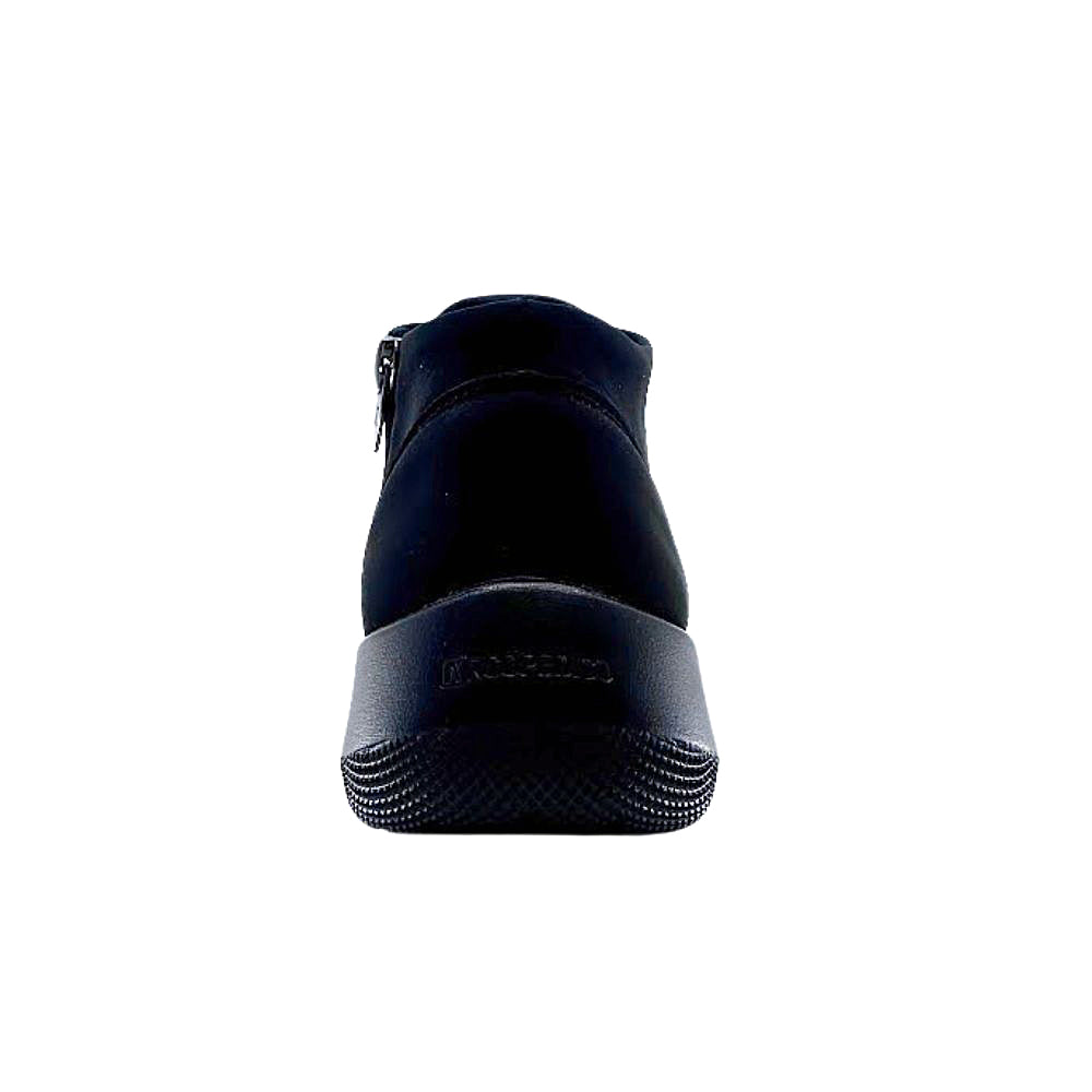 Black ankle boot with a sole view on a white background