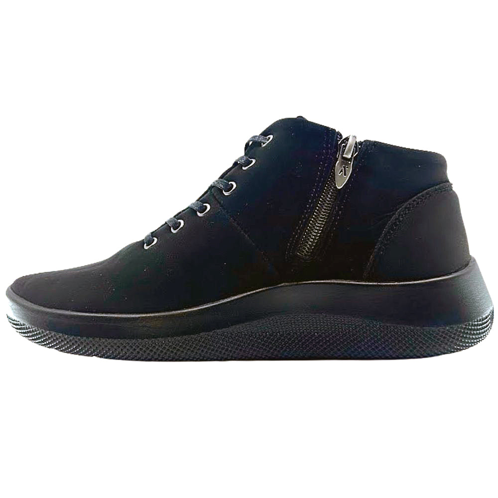 Black ankle boot with a zipper on a white background