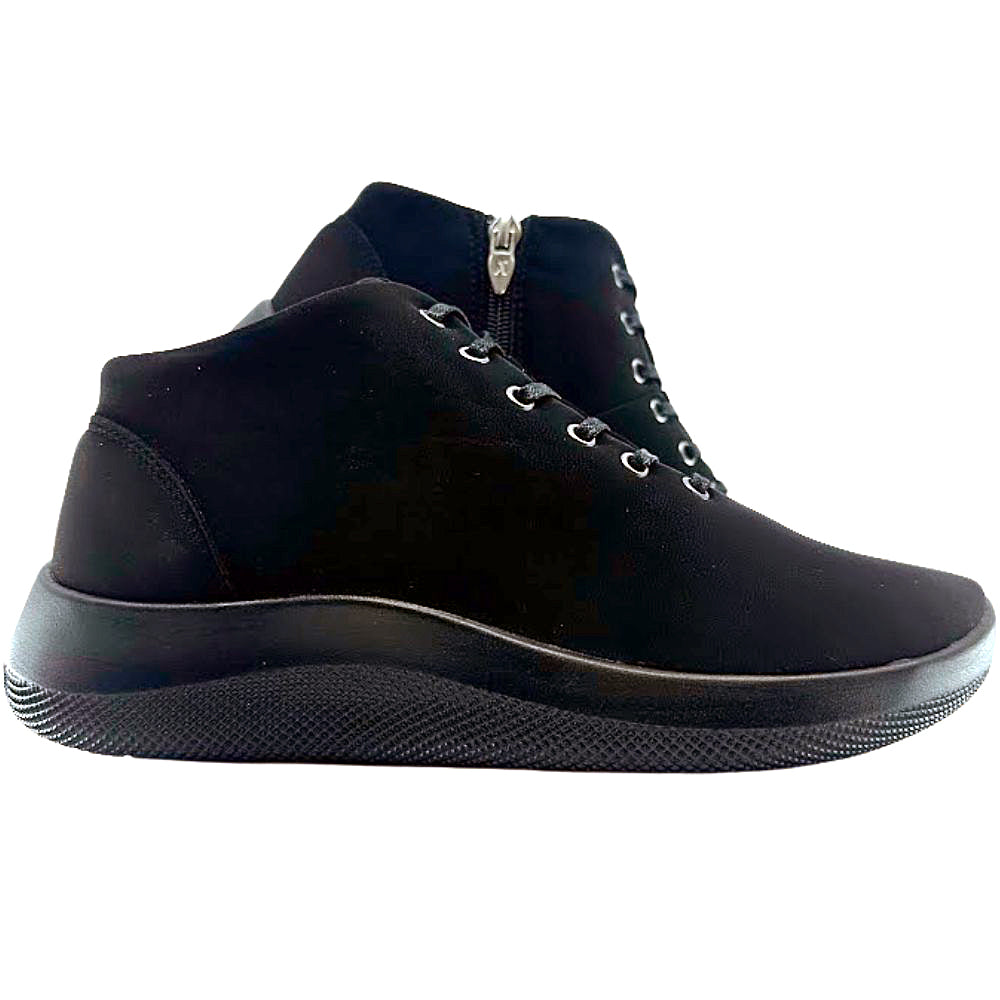 Black ankle boots with an inside zip on a white background
