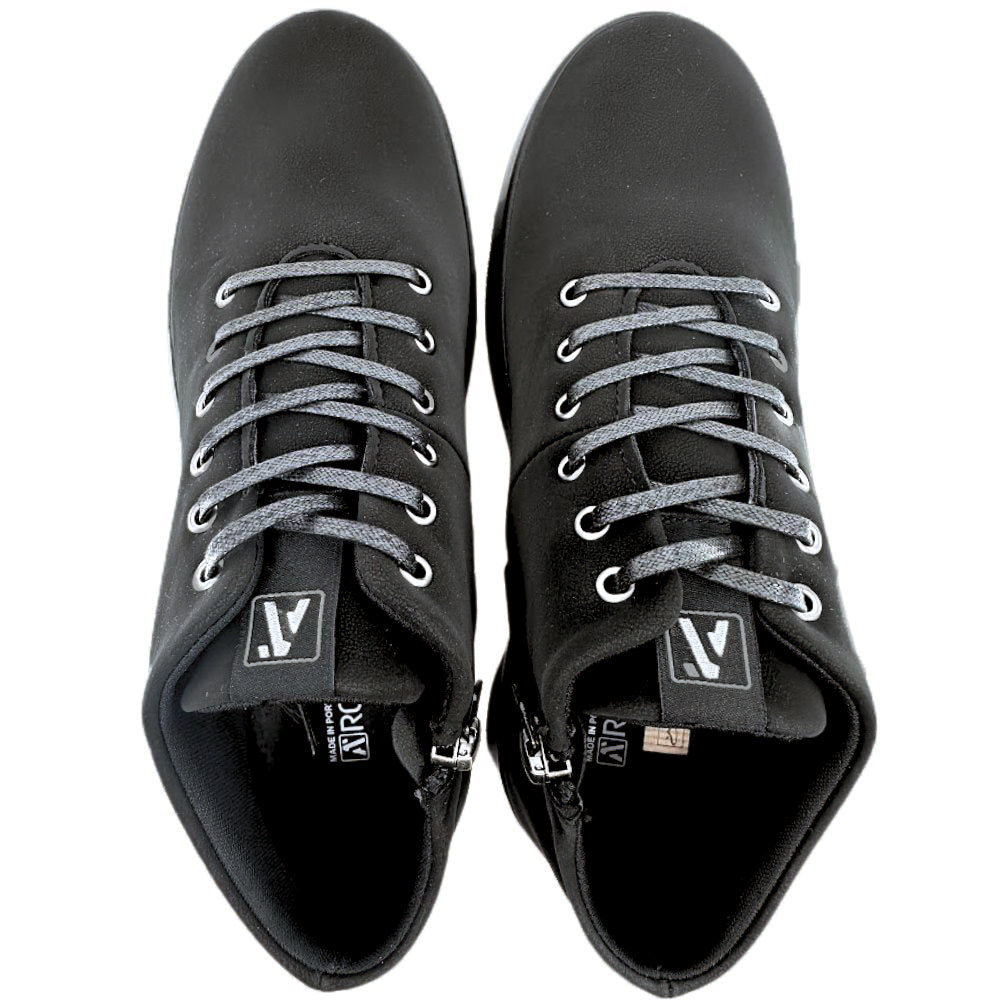 Black ankle boots with gray laces on a white background