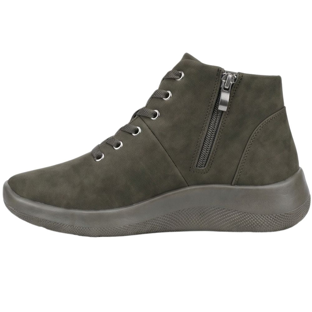Khaki green ankle boot with a zipper on a white background
