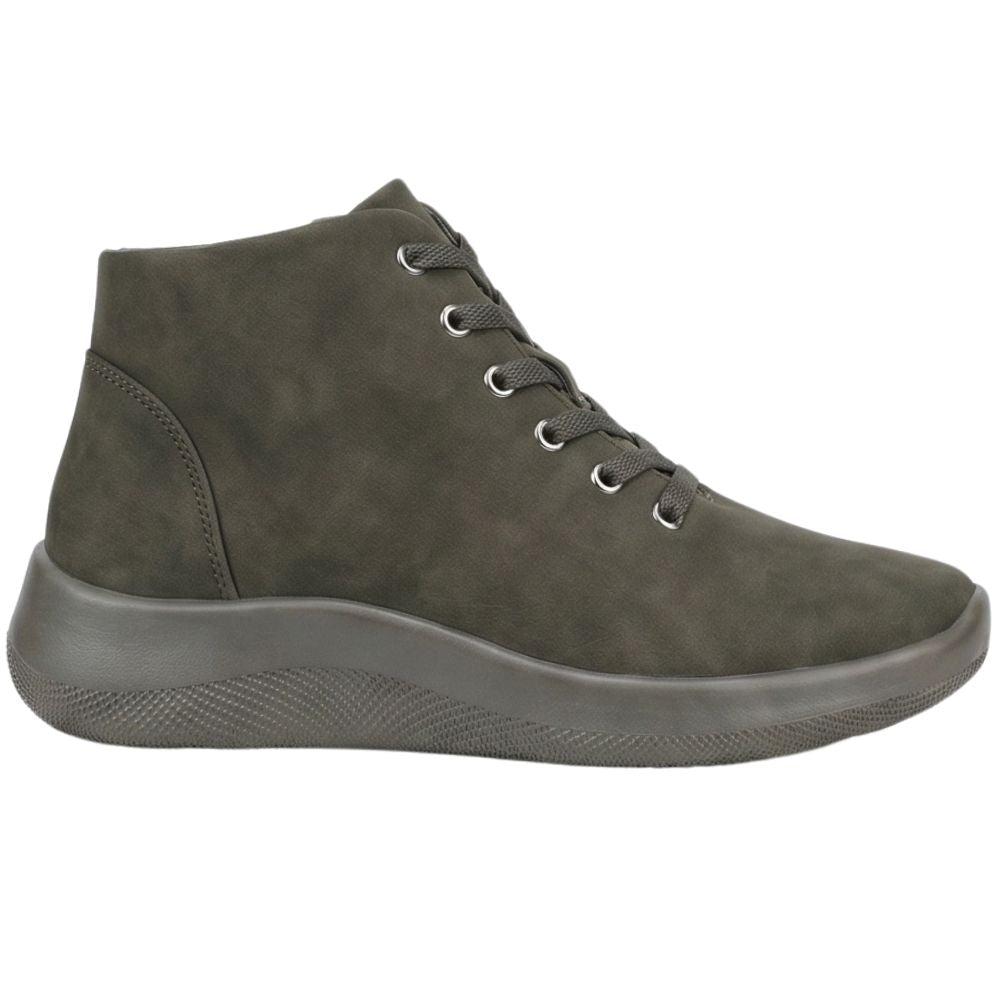 Khaki green ankle boot on a white background

