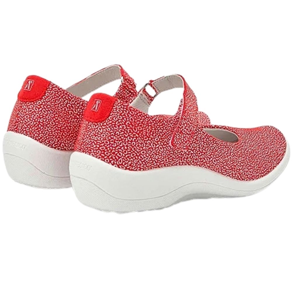 A pair of women's Arcopedico Mary Jane style shoes, featuring a red and white speckled Lytech upper and white soles, shown against a plain white background.