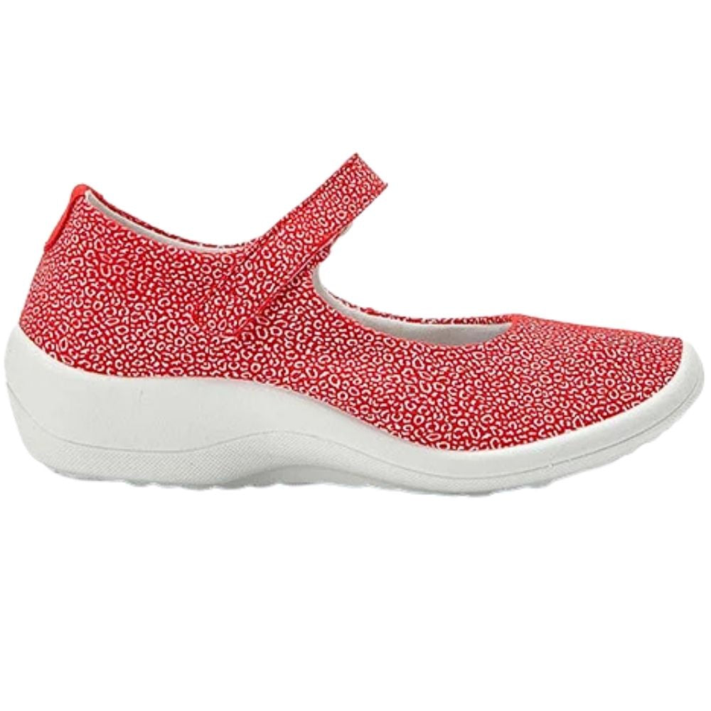 A red and white speckled patterned Mary Jane shoe with a white sole, shown from a side profile view on a white background.