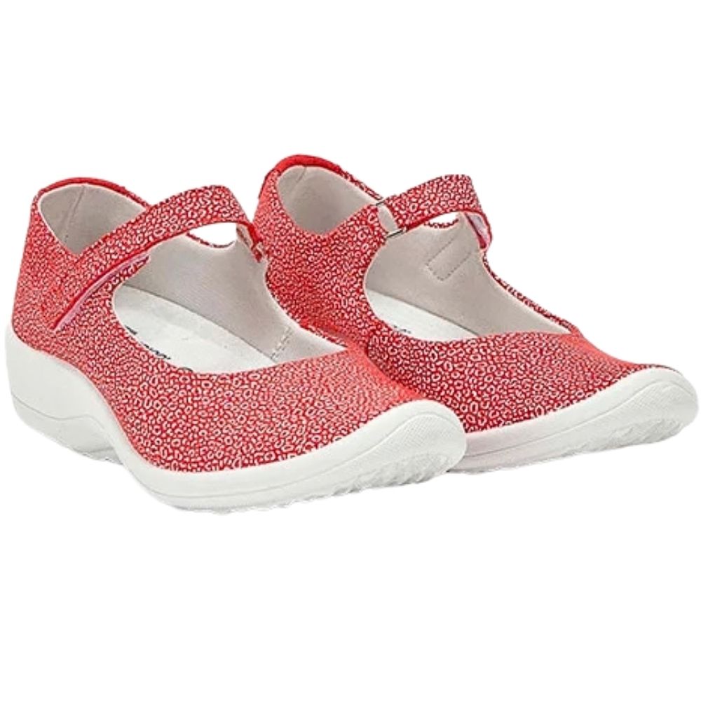 A pair of women's Arcopedico Mary Jane style shoes, featuring a red and white speckled Lytech upper and white soles, shown against a plain white background.