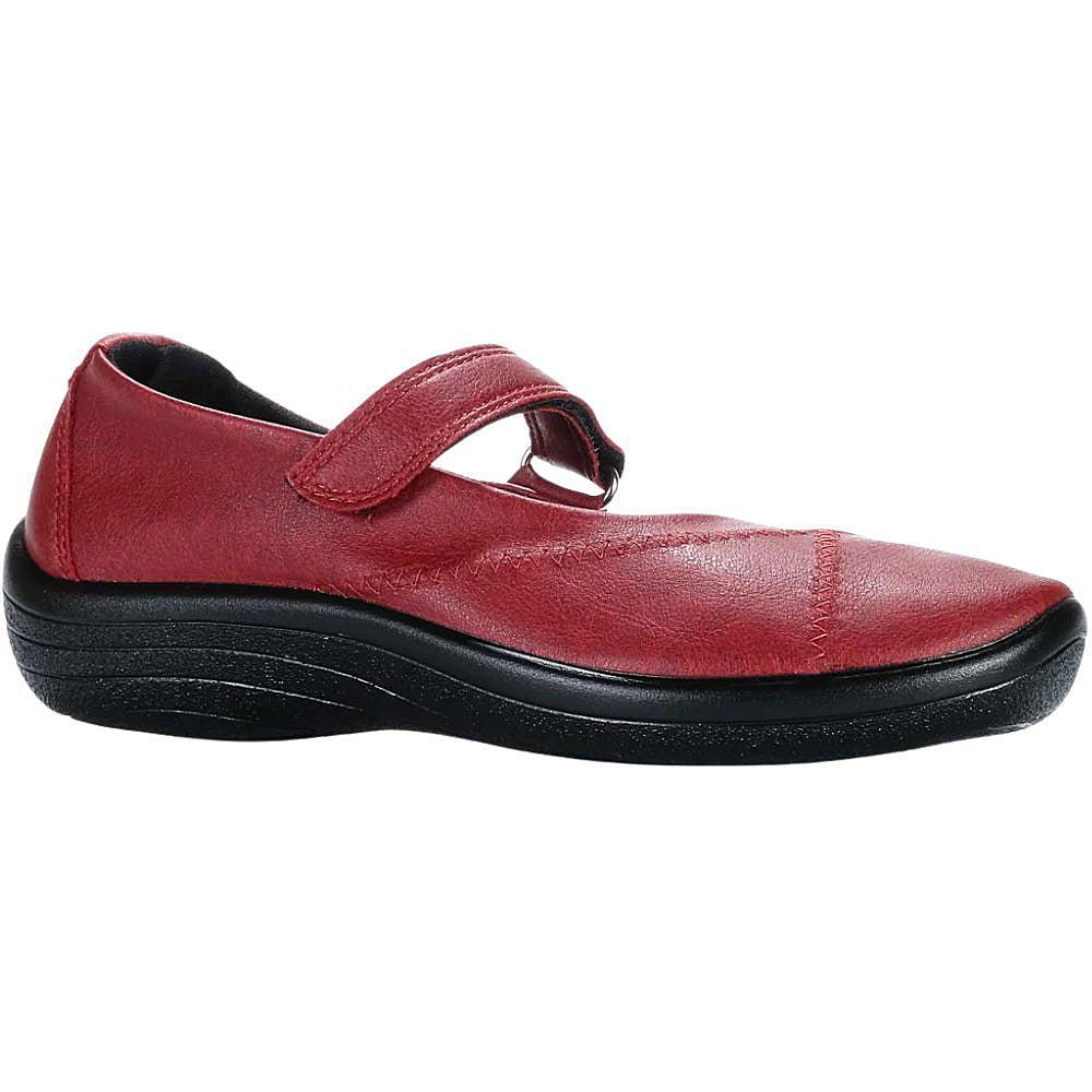 Red Mary-Jane shoe with a black sole on a white background
