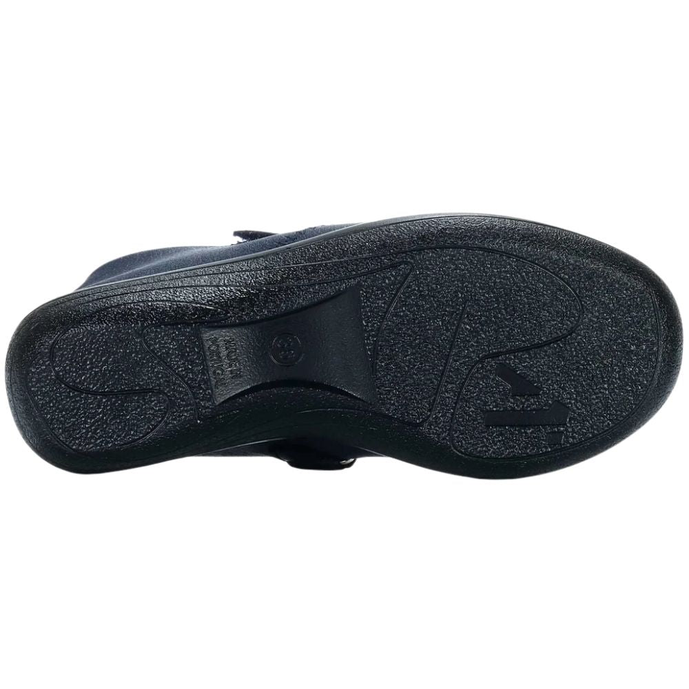 The black textured rubber outsole of a shoe, shown from a top-down view against a plain white background.