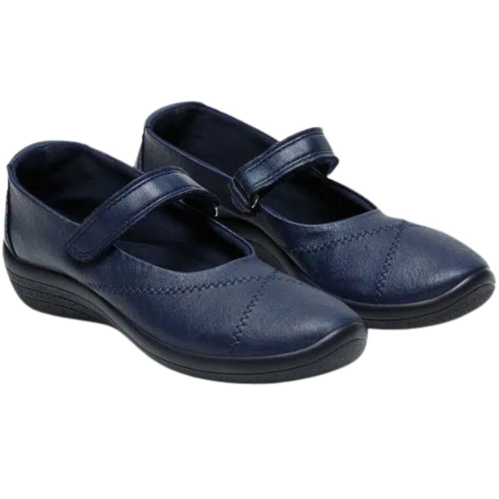 A pair of navy blue Mary-Jane style shoes with Velcro straps and low wedge soles, shown on a plain white background.