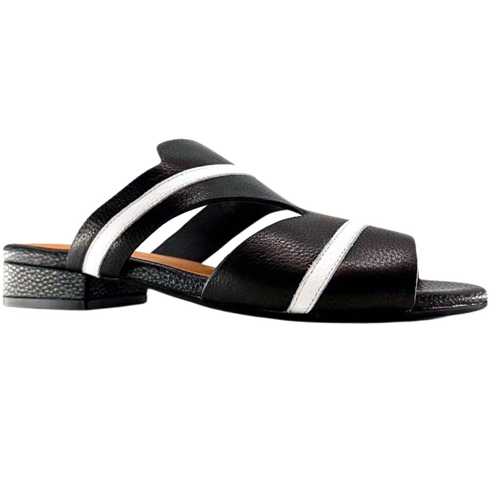A black leather slide sandal with two white straps and a low block heel, shown from a side profile on a white background.