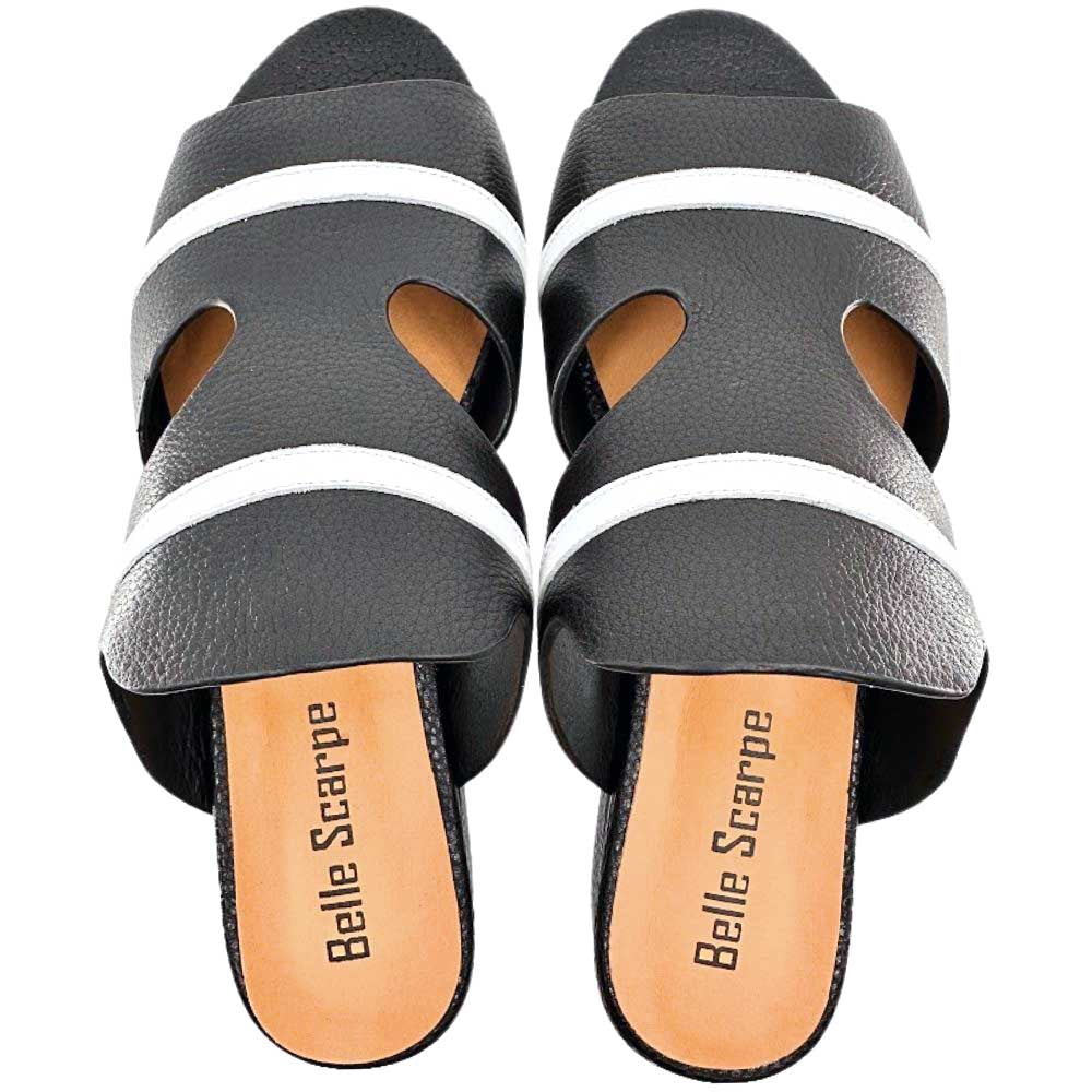 A pair of black leather slide sandals with white horizontal stripes and cutout details, shown from a top-down view on a white background. The tan insoles display the brand name 'Belle Scarpe'.