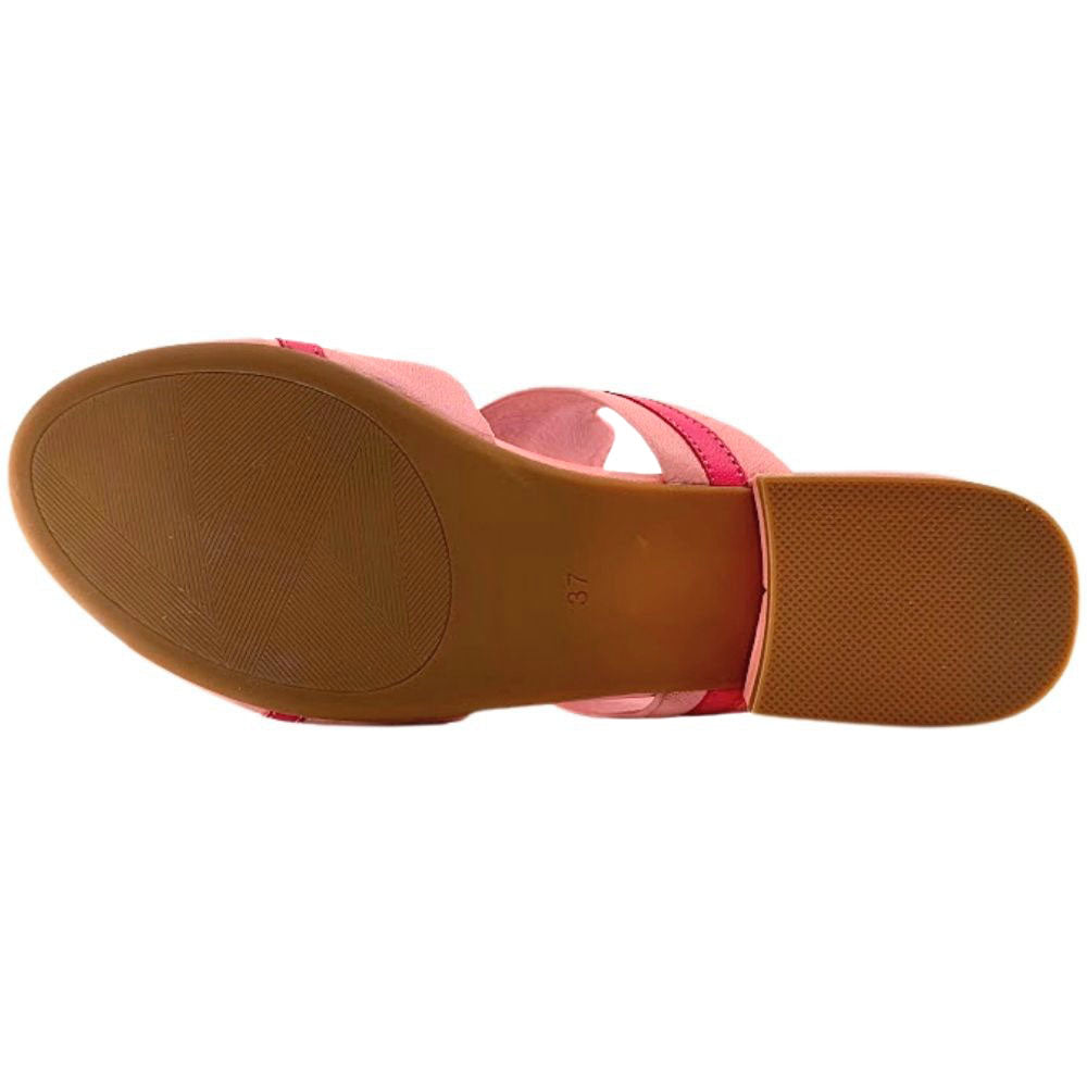The brown rubber outsole of a slide sandal with a tread pattern on a white background