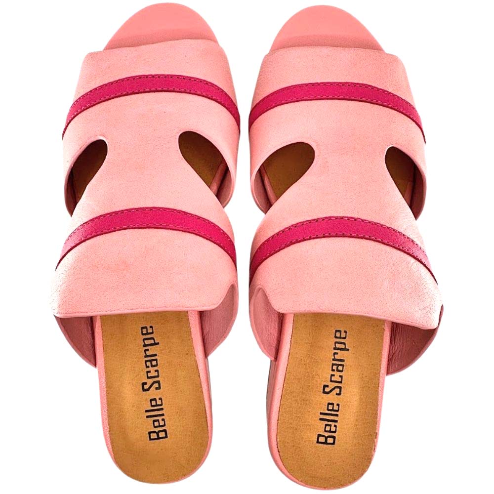 A pair of pink peep-toe mule sandals, featuring cut out straps with darker pink horizontal stripes, shown in a top-down profile on a white background.