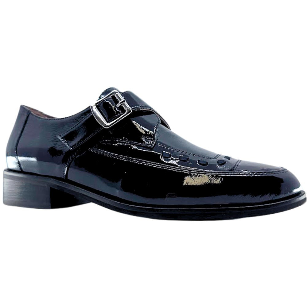 Black patent leather dress shoe with a buckle on a white background