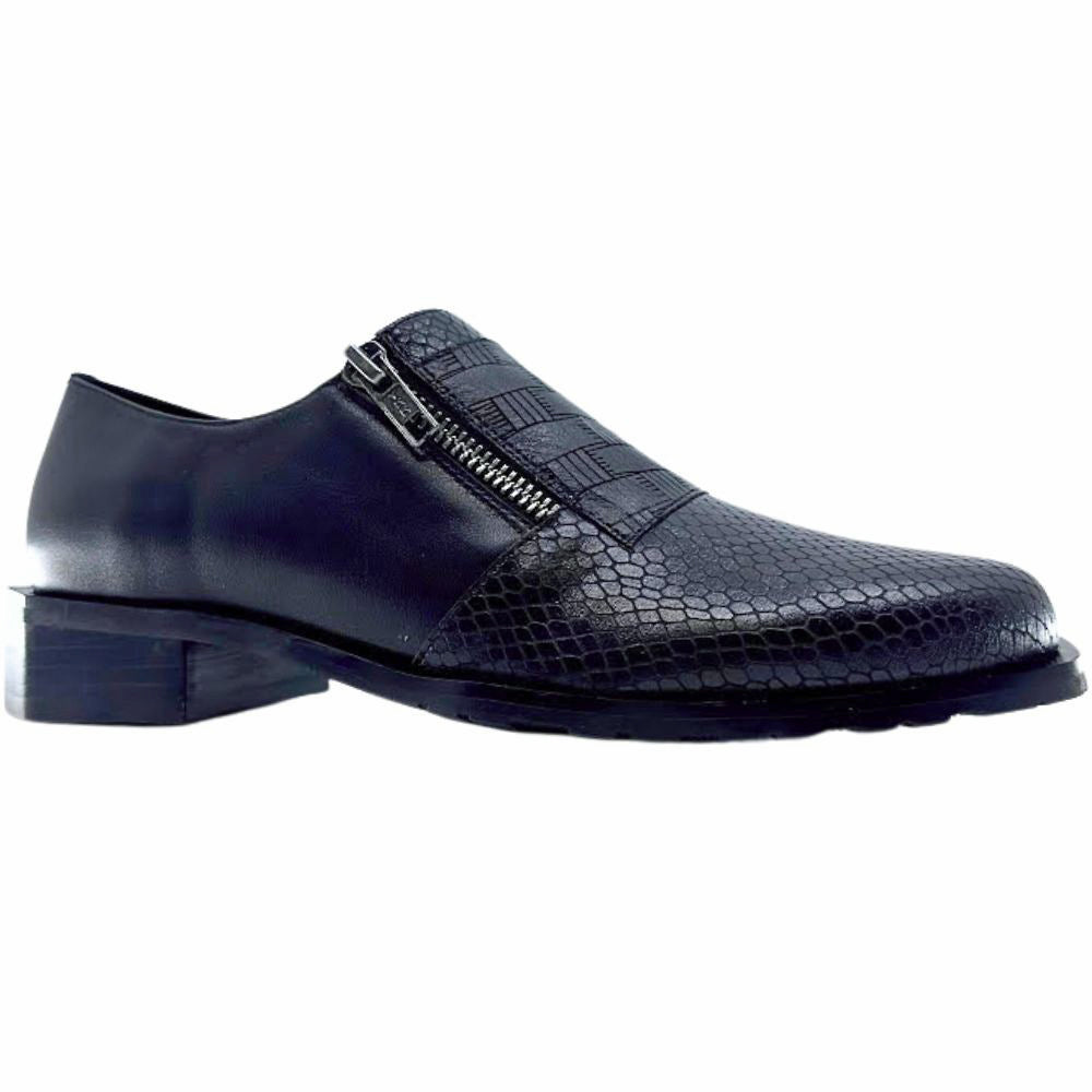 Black leather shoe with a textured pattern on a white background