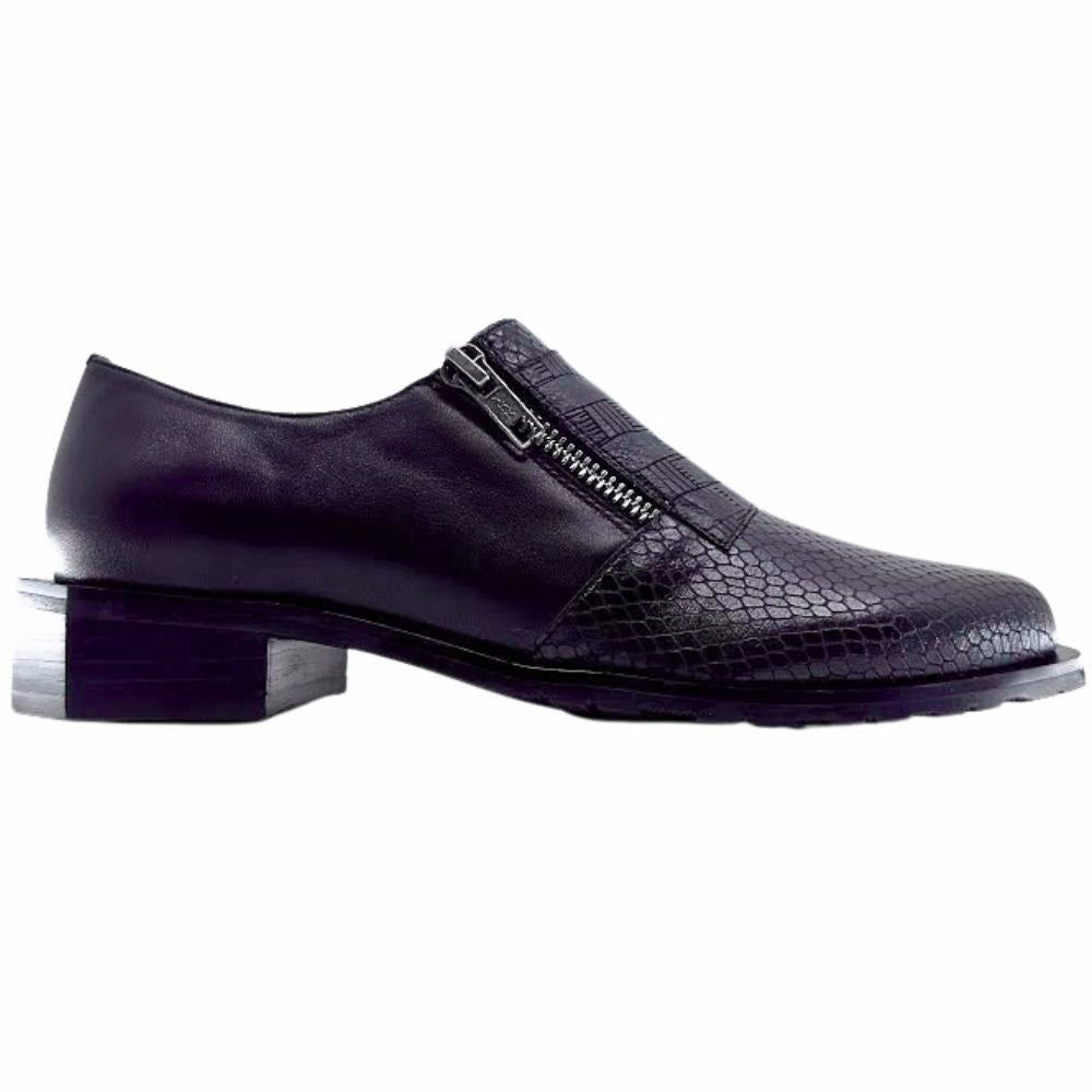 Black leather dress shoe with black sole on a white background