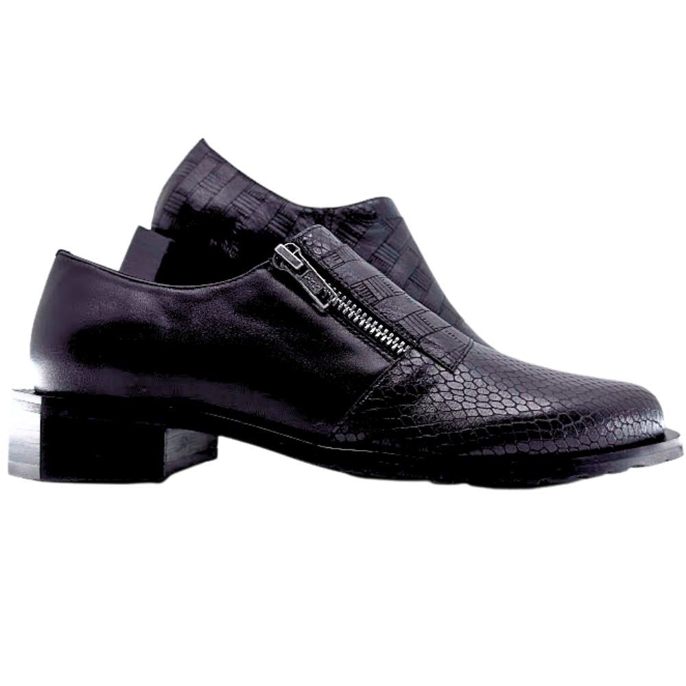 Black dress shoes with a textured pattern on a white background