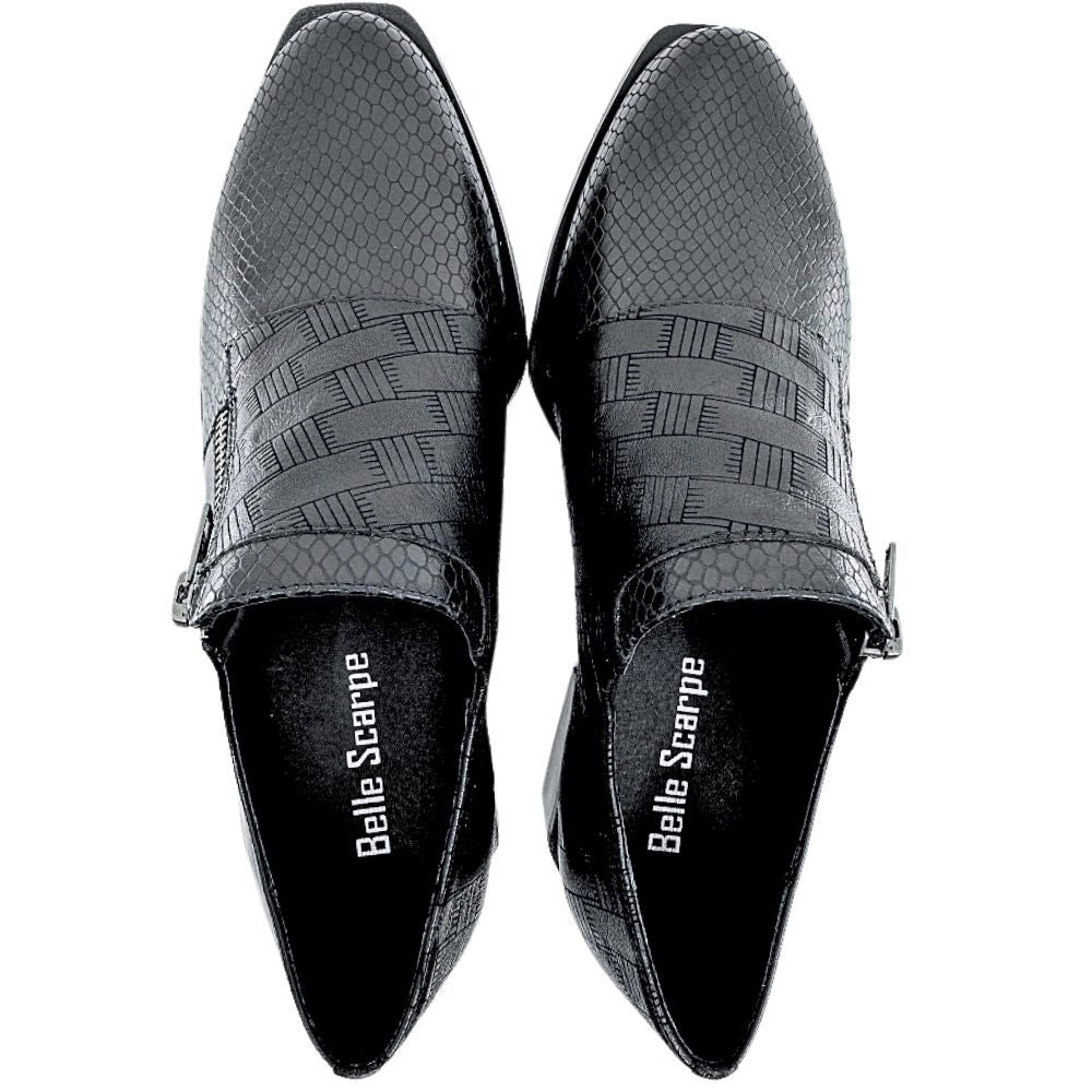 Pair of black shoes with textured leather design on a white background