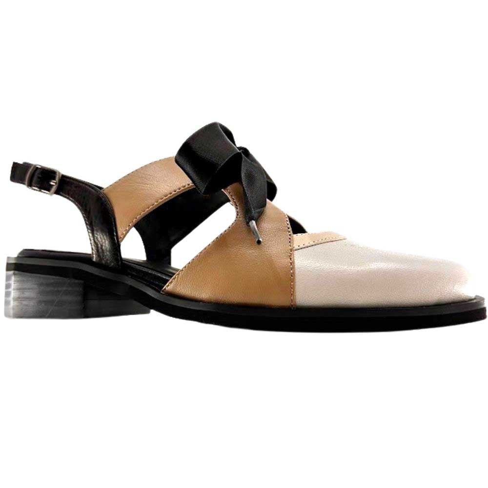 A women's slingback leather shoe sandal featuring a beige and taupe color-blocked toe, black slingback strap, and a black ribbon bow on the front.