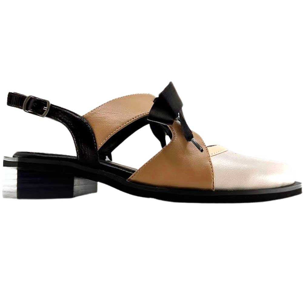A women's slingback leather shoe sandal featuring a beige and taupe color-blocked toe, black slingback strap, and a black ribbon bow on the front.