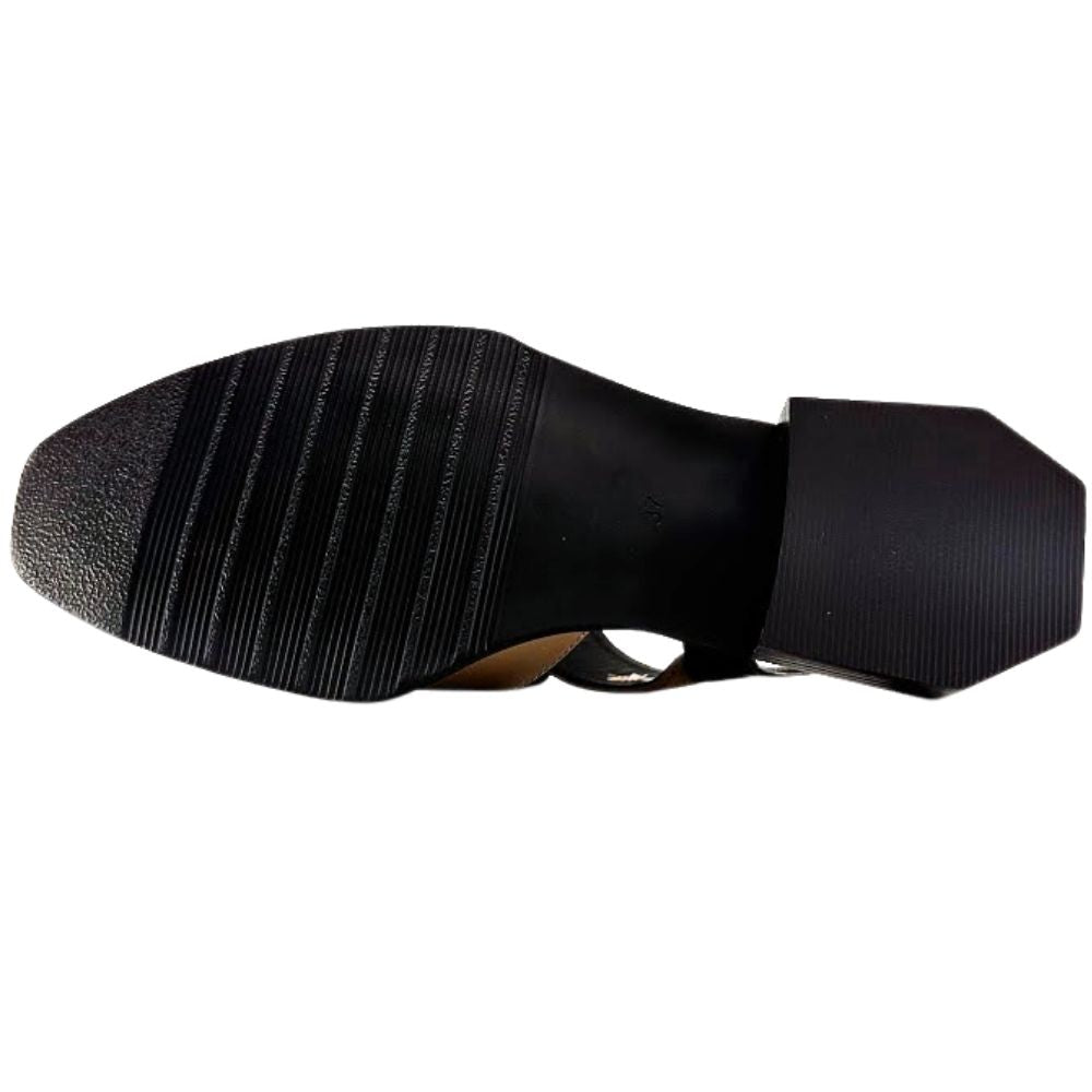 A black block-heel sandal shown from a top-down view, featuring a textured ribbed sole and a matching textured heel, set against a plain white background.