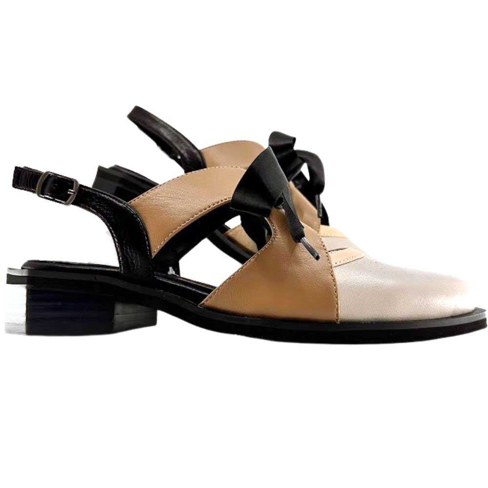 A pair of women's slingback leather shoes sandals featuring a beige and taupe color-blocked toe, black slingback straps, and a black ribbon bow on the front.