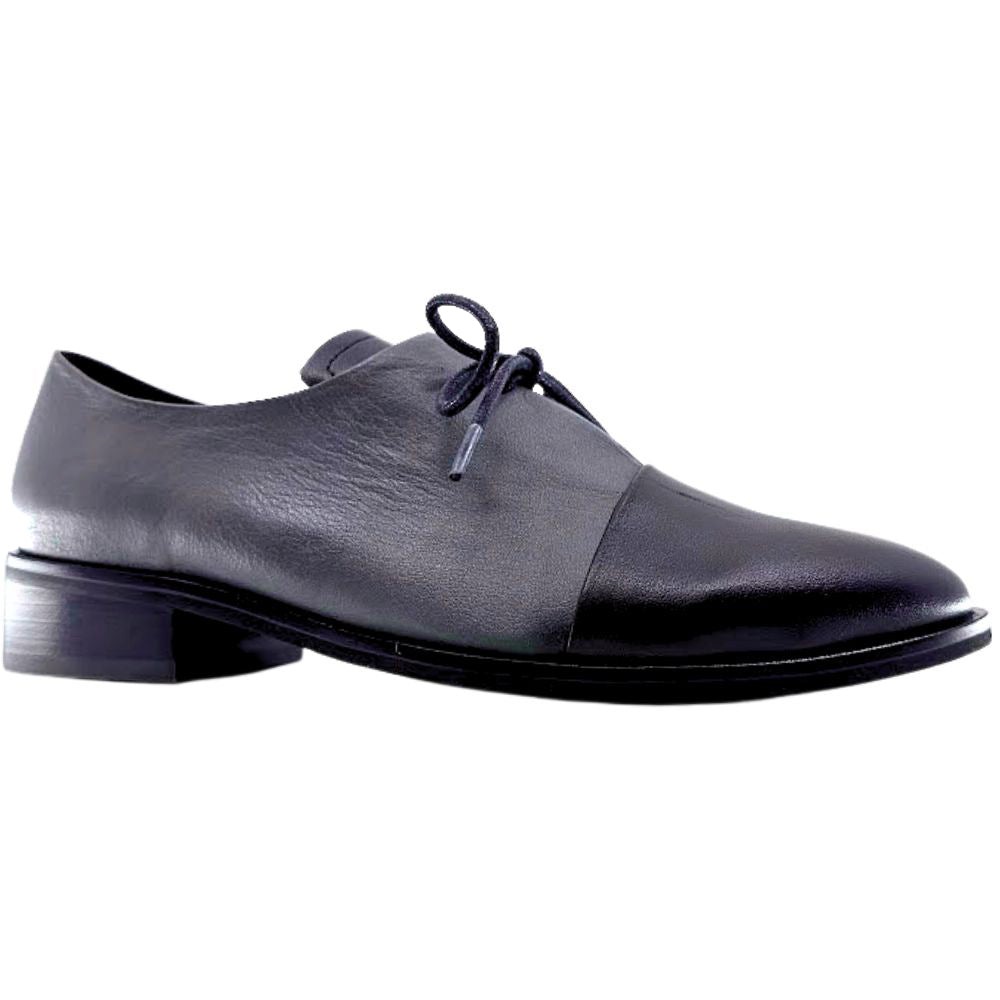 Black and grey leather dress shoe on a white background