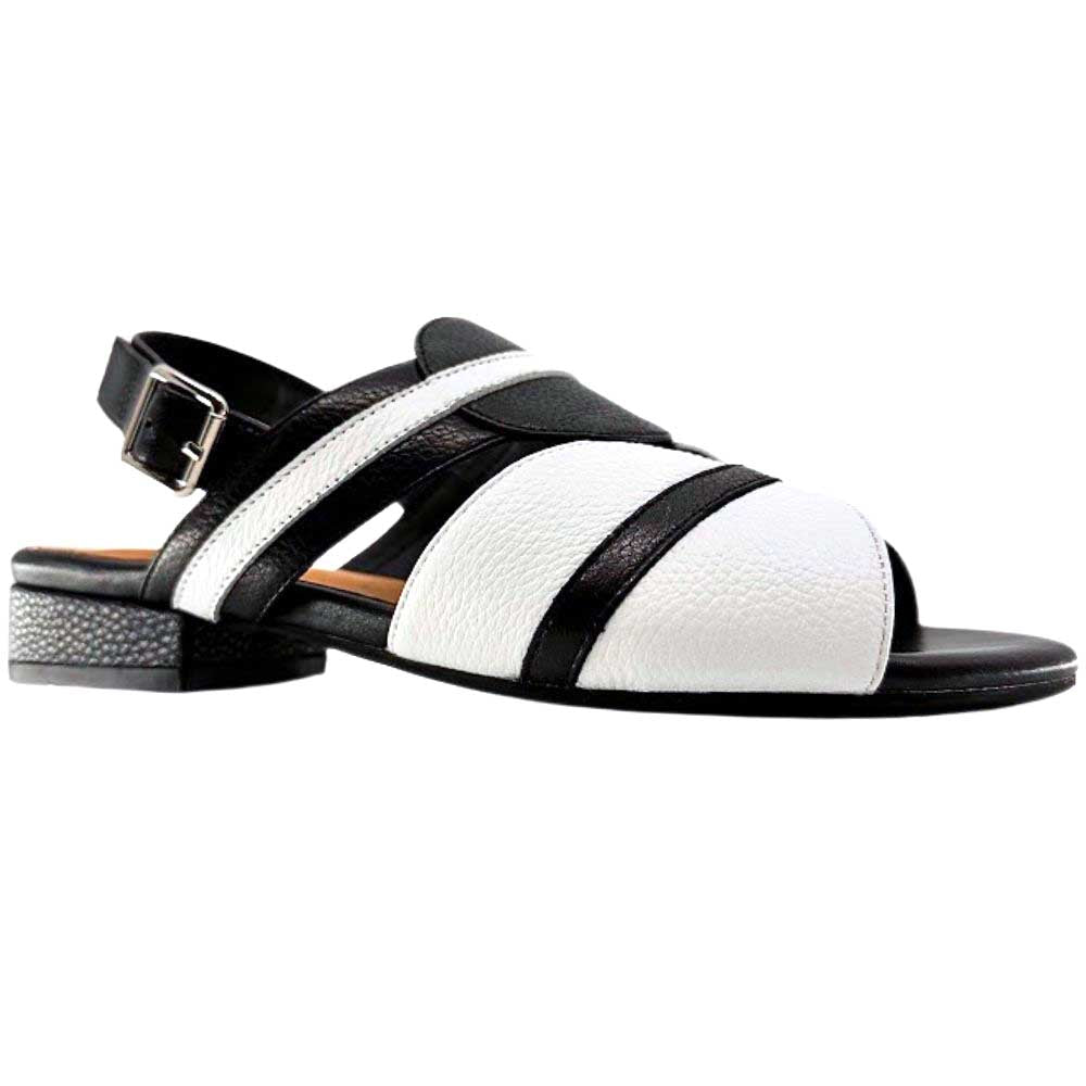A black and white leather slingback sandal with a low block heel and adjustable buckle strap, shown in a side profile on a white background.