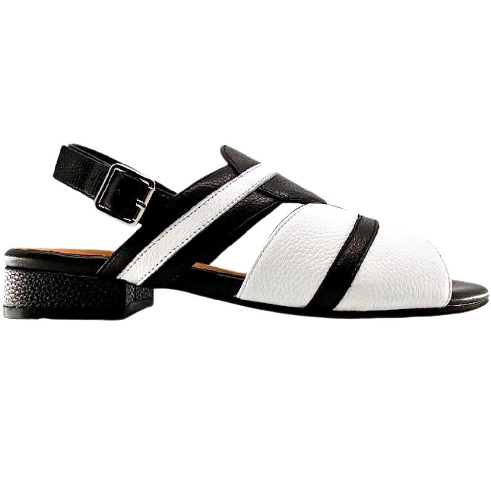 A black and white leather slingback sandal with a low block heel and adjustable buckle strap, shown in a side profile on a white background.