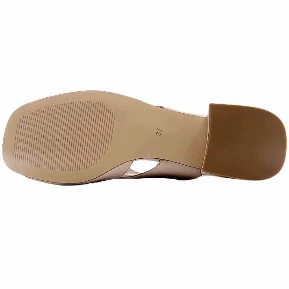 A brown leather and rubber outsole of a Bresley heeled sandal, shown against a white background.