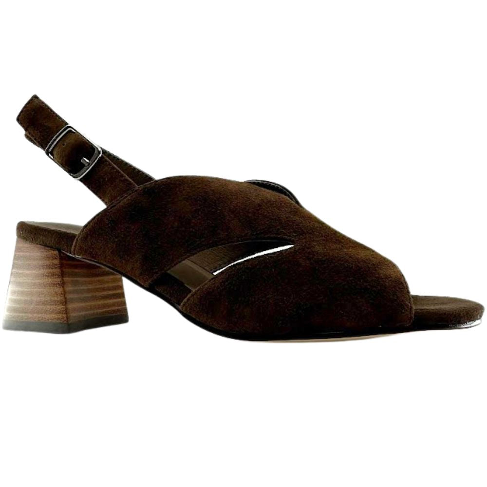 A dark brown suede slingback sandal with a wooden-look block heel and cutout side panels, shown from a side profile on a white background.