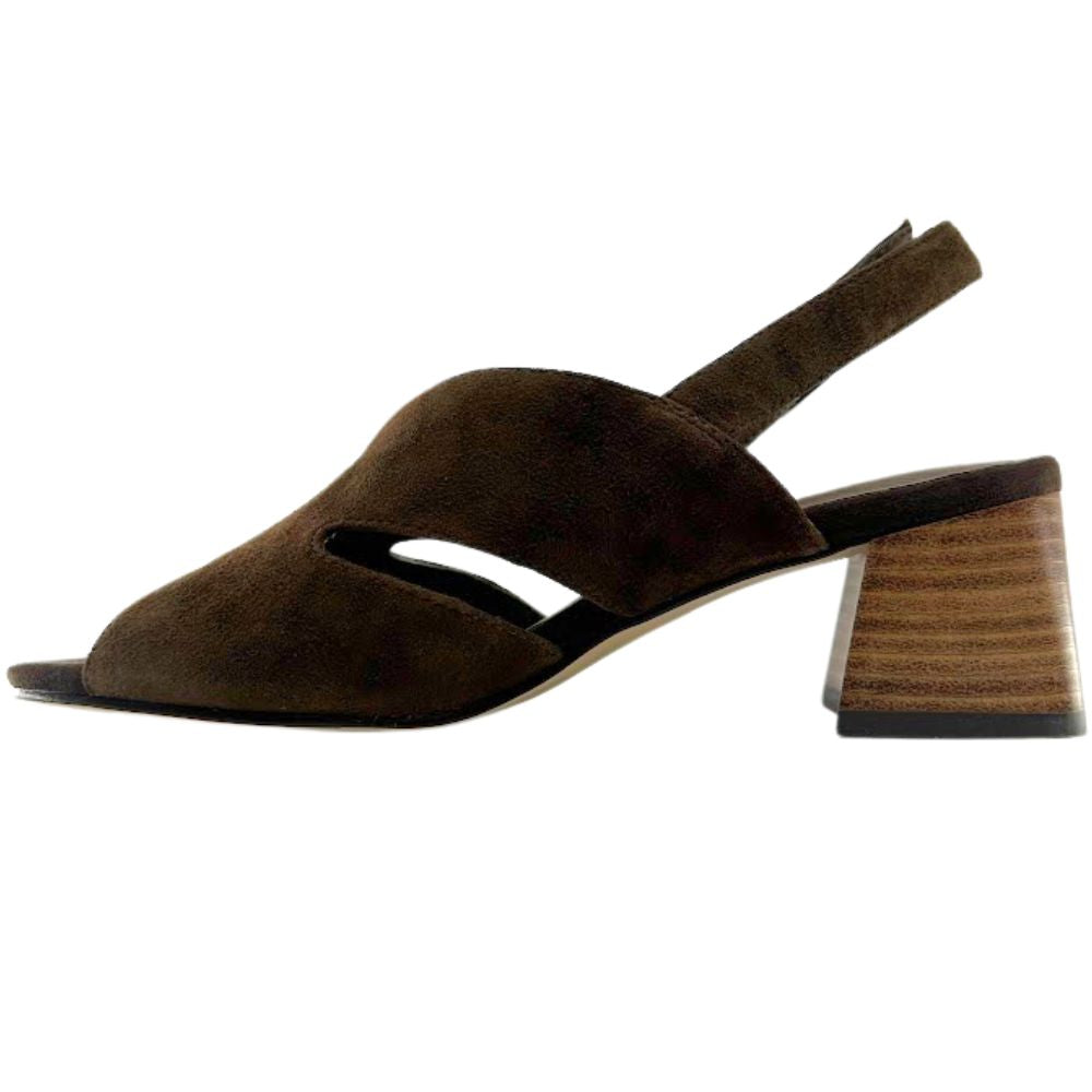 A brown suede slingback sandal with a peep toe, cut-out side panels and a stacked wood-look block heel, shown from a side profile on a white background.