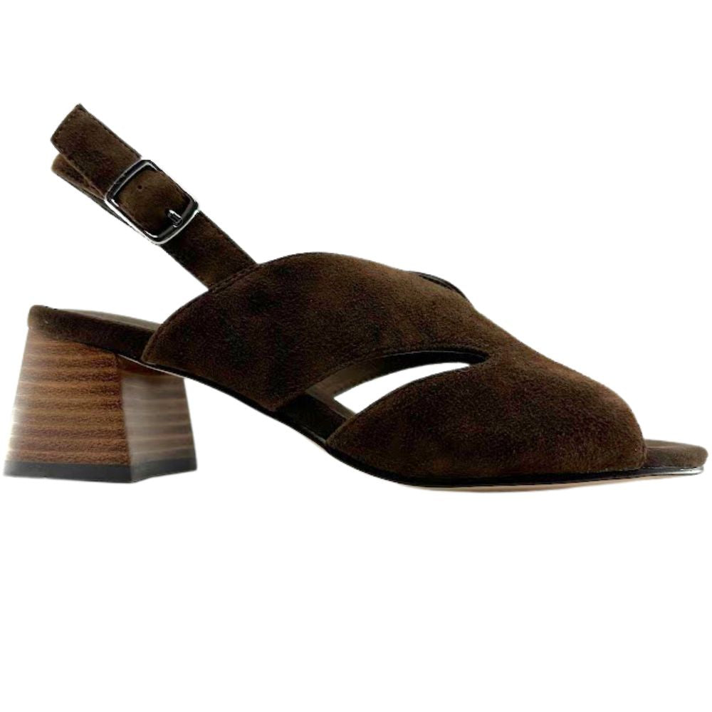 A single dark brown suede slingback sandal with a wooden-look block heel, shown from a side profile on a white background.