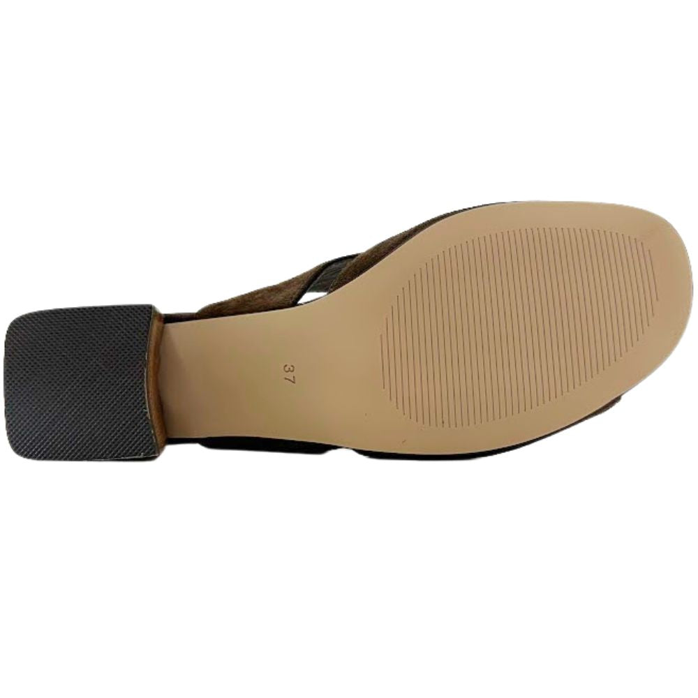A single women's flat sandal shown from the underside, featuring a tan rubber outsole with a ribbed tread pattern, a dark brown strap, and a black textured heel cap on a plain white background.