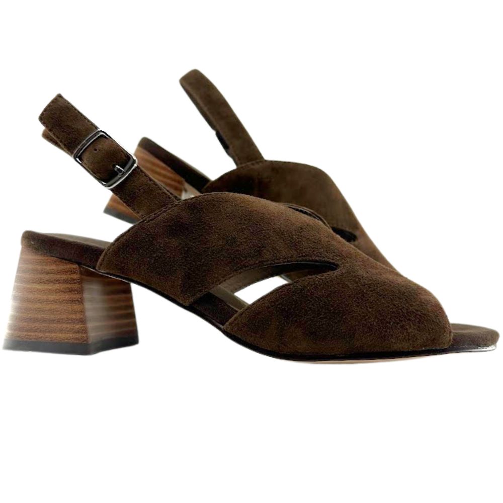 A pair of women's brown suede slingback sandals with cutout toes and a stacked block heel, shown against a plain white background.