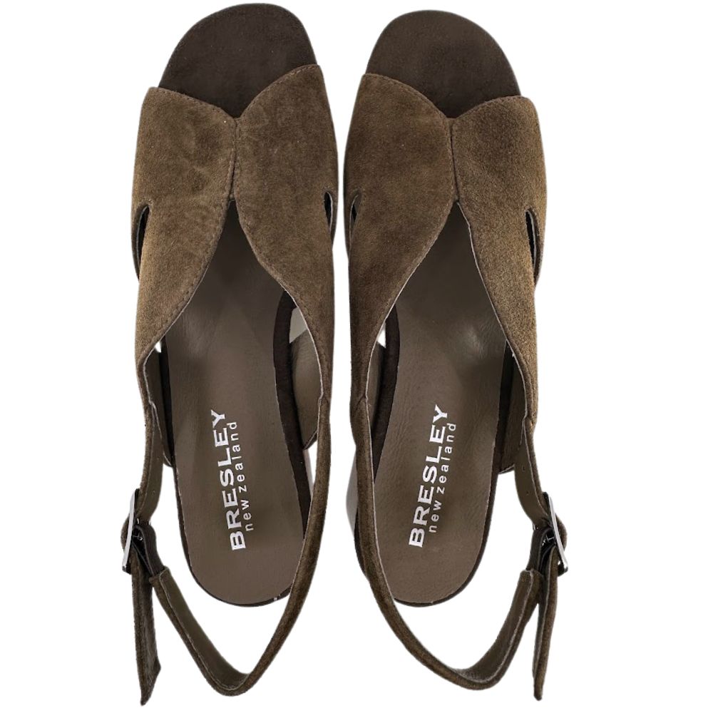 A pair of women's brown suede slingback heeled sandals by Bresley, shown from a top-down view on a white background.